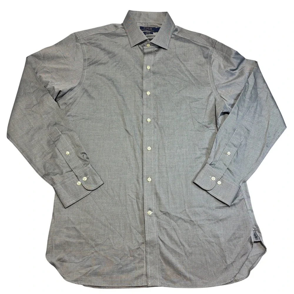 Polo Ralph Lauren Men 16.5 34/35 Grey Button Down Slim Fit Easy Care Micro Check